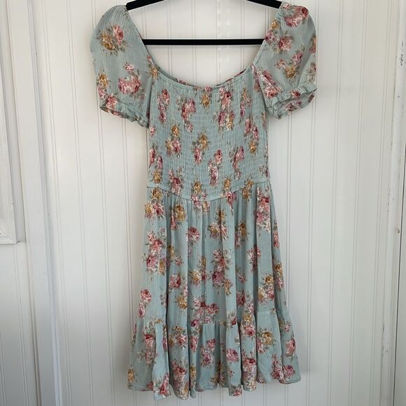 Becool Peasant Babydoll Smocked Mini Dress Puff Sleeves Spring Easter Floral S - Picture 7 of 16